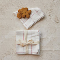 Cotton Cocktail Napkins w/ Grid Pattern &amp; Metallic Red Thread, Set of 4