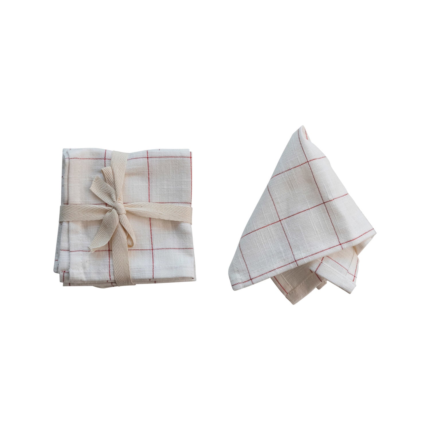 Cotton Cocktail Napkins w/ Grid Pattern &amp; Metallic Red Thread, Set of 4