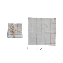 Cotton Cocktail Napkins w/ Grid Pattern &amp; Metallic Red Thread, Set of 4