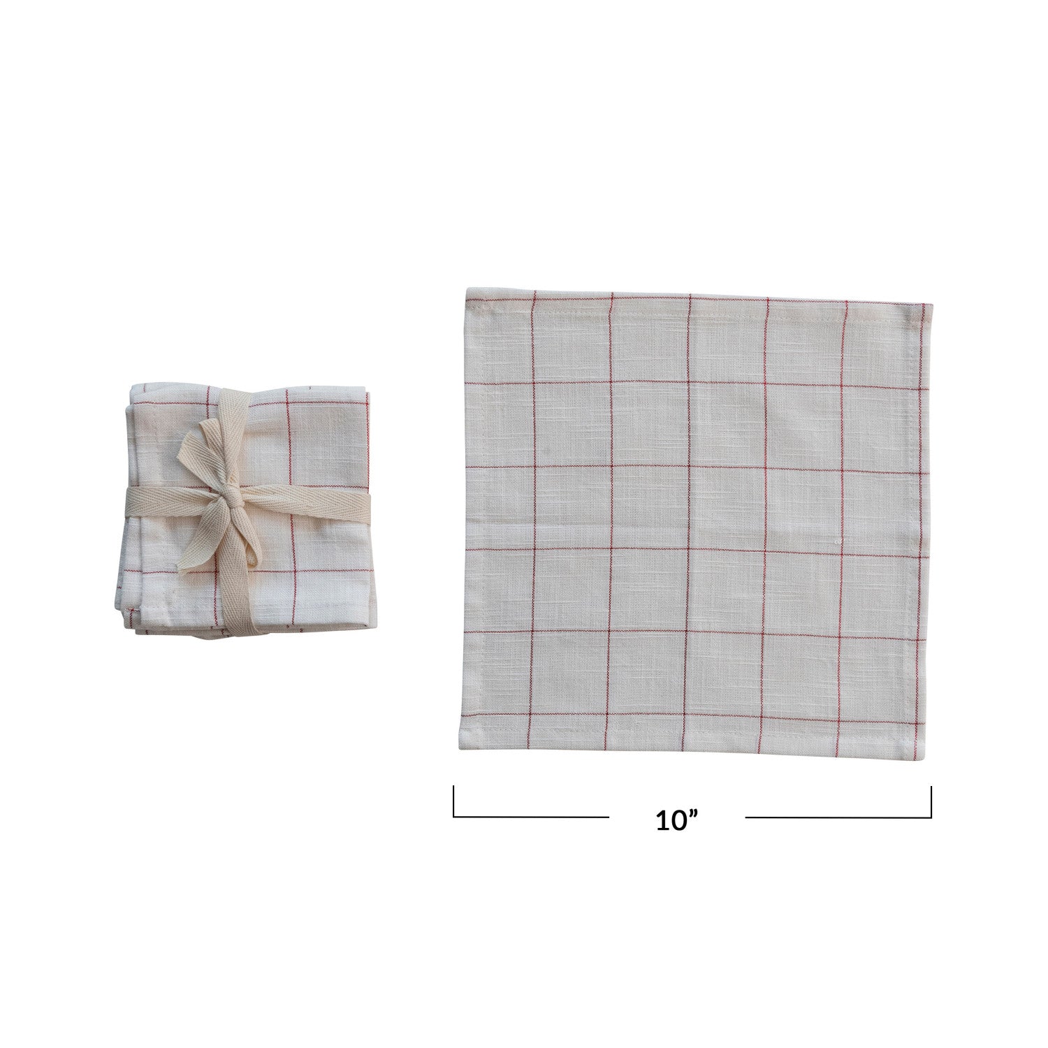 Cotton Cocktail Napkins w/ Grid Pattern &amp; Metallic Red Thread, Set of 4
