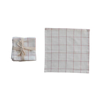 Cotton Cocktail Napkins w/ Grid Pattern &amp; Metallic Red Thread, Set of 4