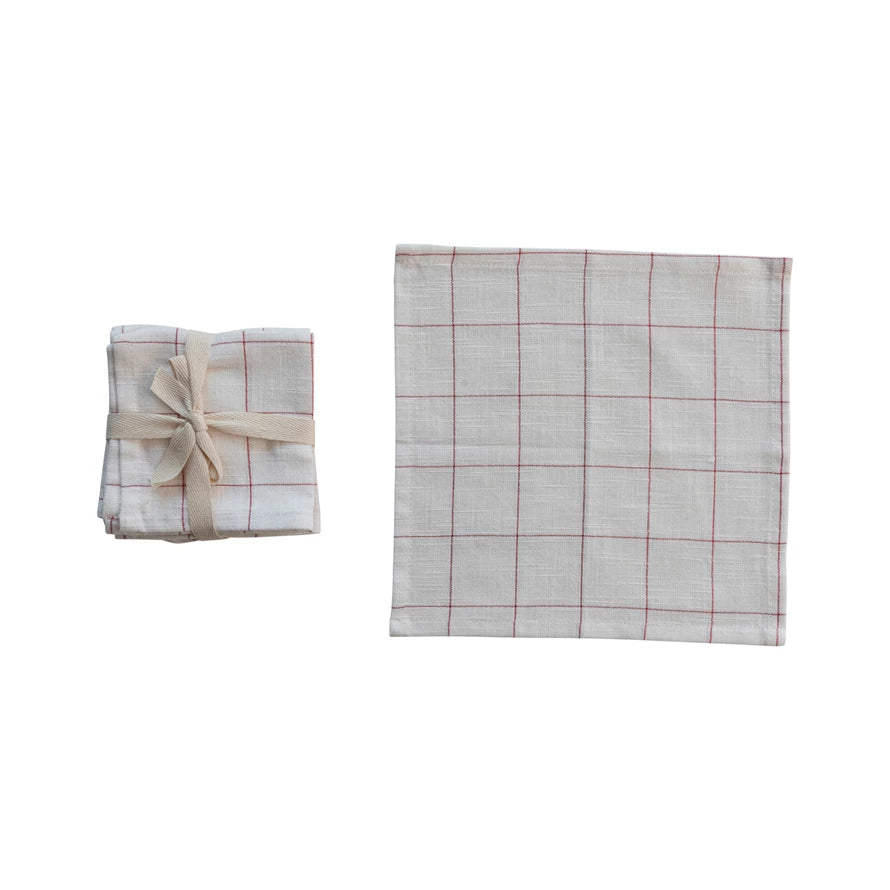 Cotton Cocktail Napkins w/ Grid Pattern &amp; Metallic Red Thread, Set of 4
