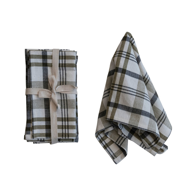 Stonewashed Cotton Napkins, White & Green Plaid, Set of 4