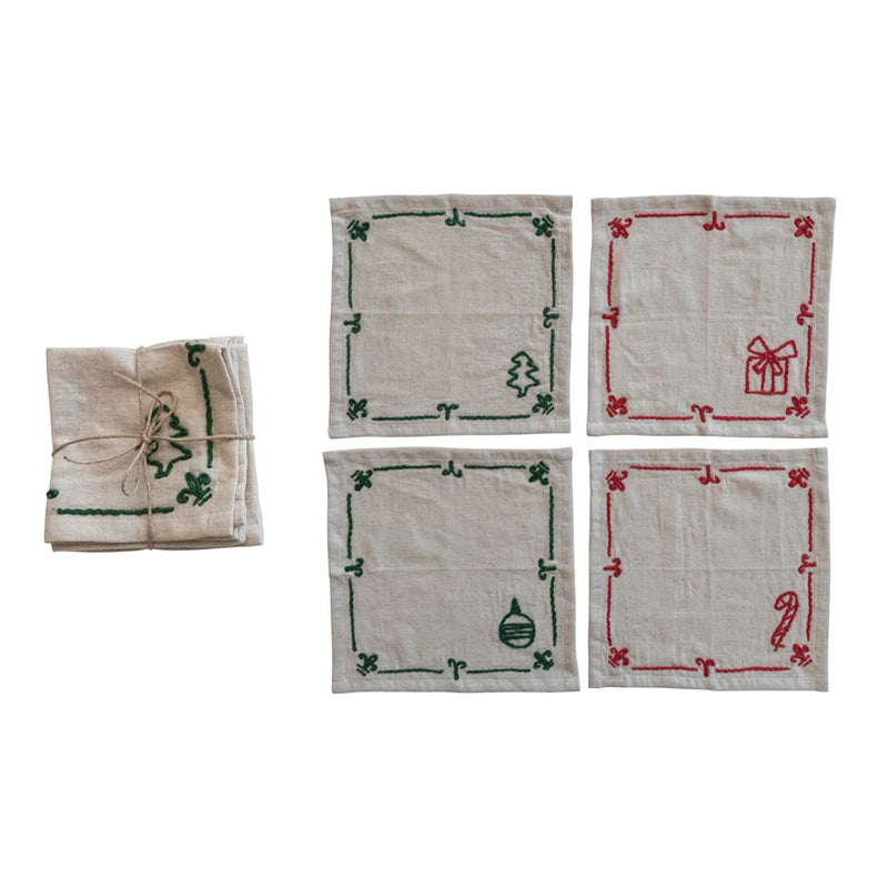 Woven Cotton & Linen Cocktail Napkins w/ Embroidered Holiday Icons, Set of 4