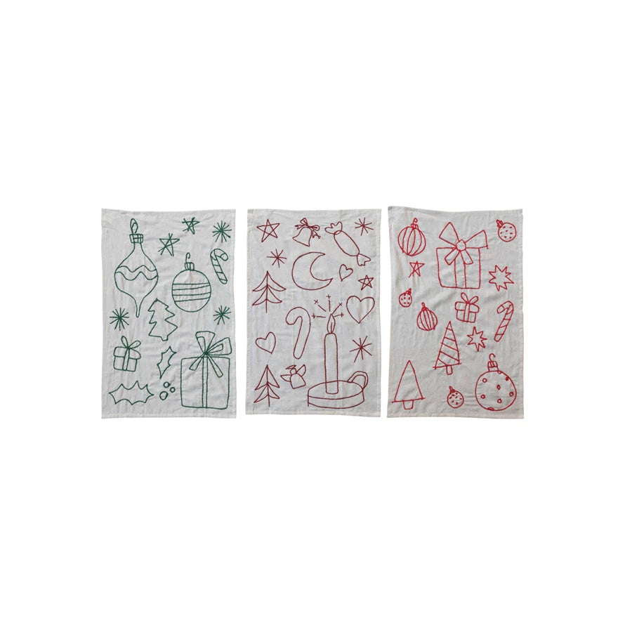 Woven Cotton &amp; Linen Tea Towel w/ Embroidered Holiday Icons, 3 Colors, 3 Styles