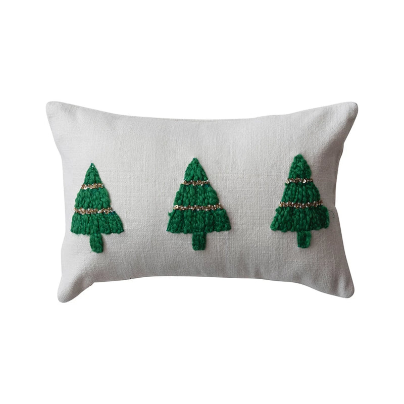 Cotton Slub Lumbar Pillow w/ Embroidered Christmas Trees & Beads