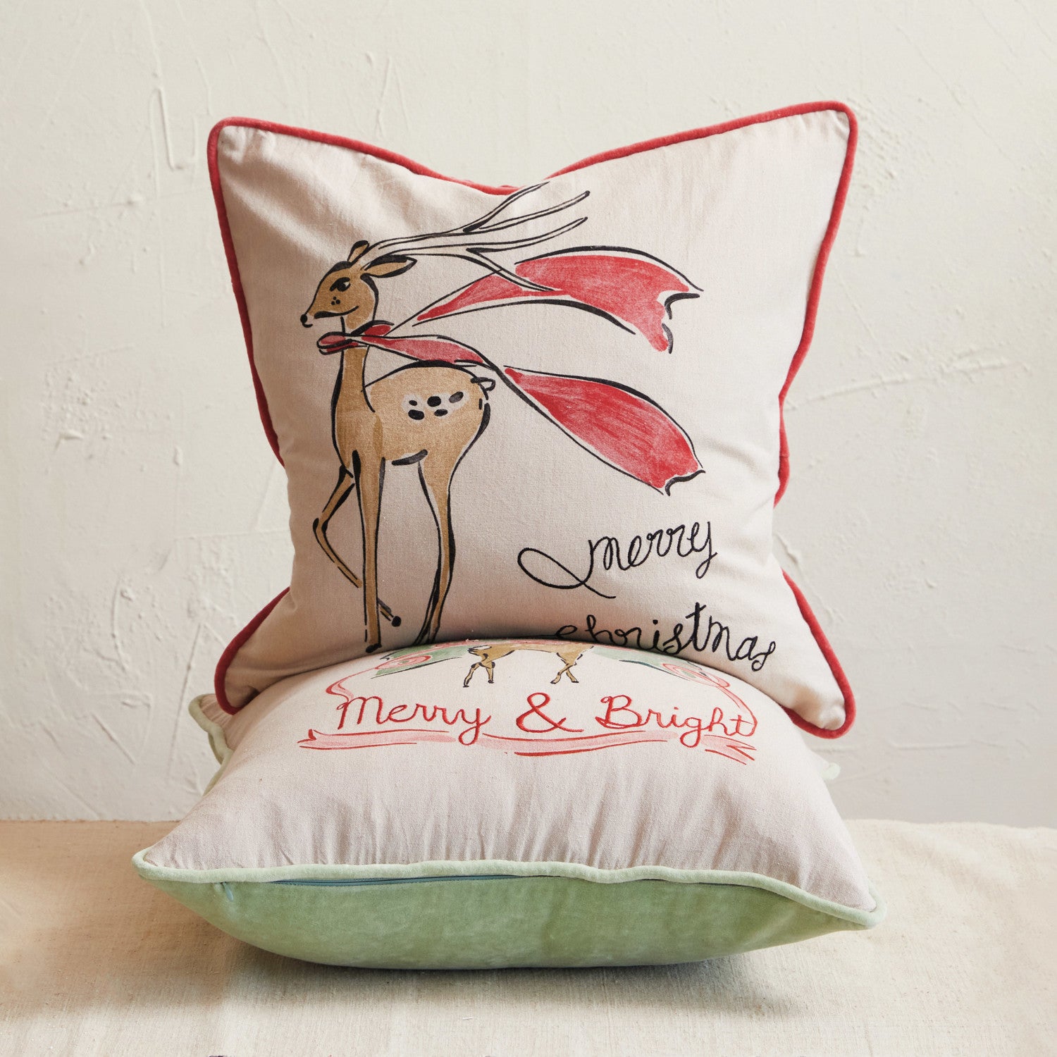 Square Cotton Chambray Printed Pillow w/ Velvet Piping &amp; Back, 2 Styles