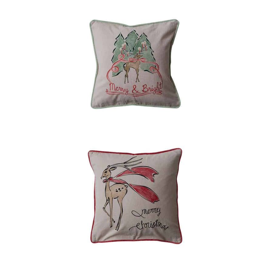 Square Cotton Chambray Printed Pillow w/ Velvet Piping &amp; Back, 2 Styles