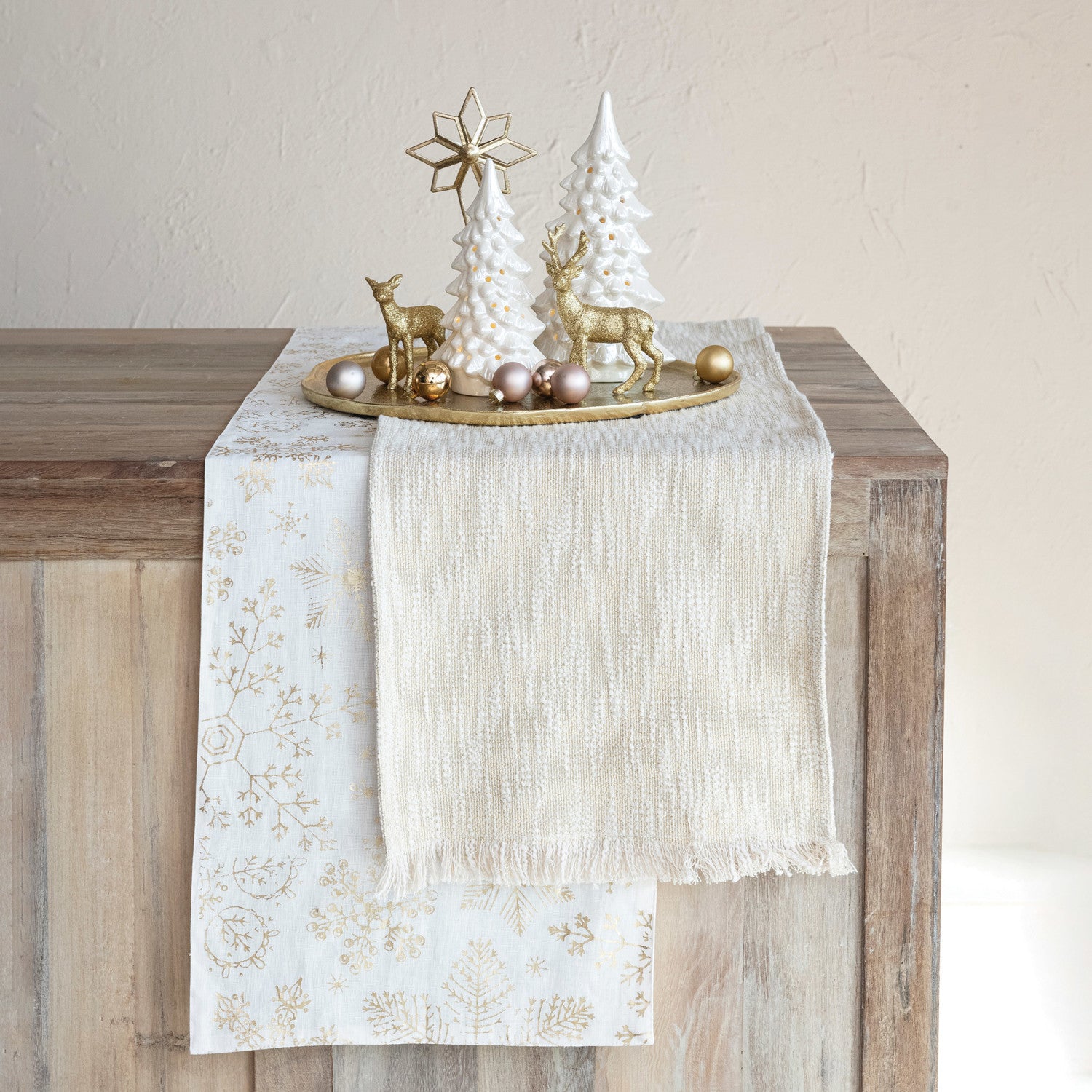 Woven Cotton Slub Table Runner w/ Metallic Gold Thread &amp; Fringe, Natural