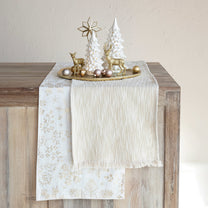 Woven Cotton Slub Table Runner w/ Metallic Gold Thread &amp; Fringe, Natural