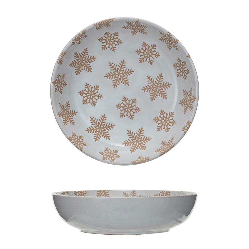 Stoneware Bowl w/ Wax Relief Snowflakes, Reactive Glaze, White - Large Bowl