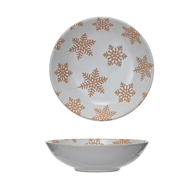 Stoneware Bowl w/ Wax Relief Snowflakes, Reactive Glaze, White - Small Bowl