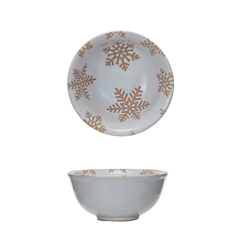 Stoneware Bowl w/ Wax Relief Snowflakes, Reactive Glaze, White -  Mini Bowl