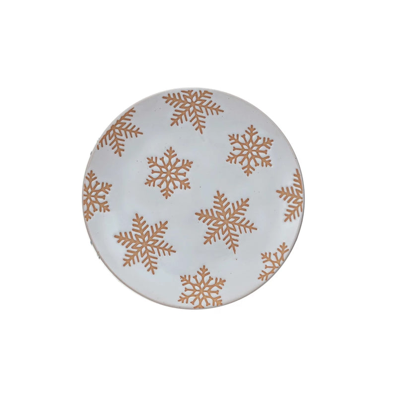 Stoneware Plate w/ Wax Relief Snowflakes, Reactive Glaze