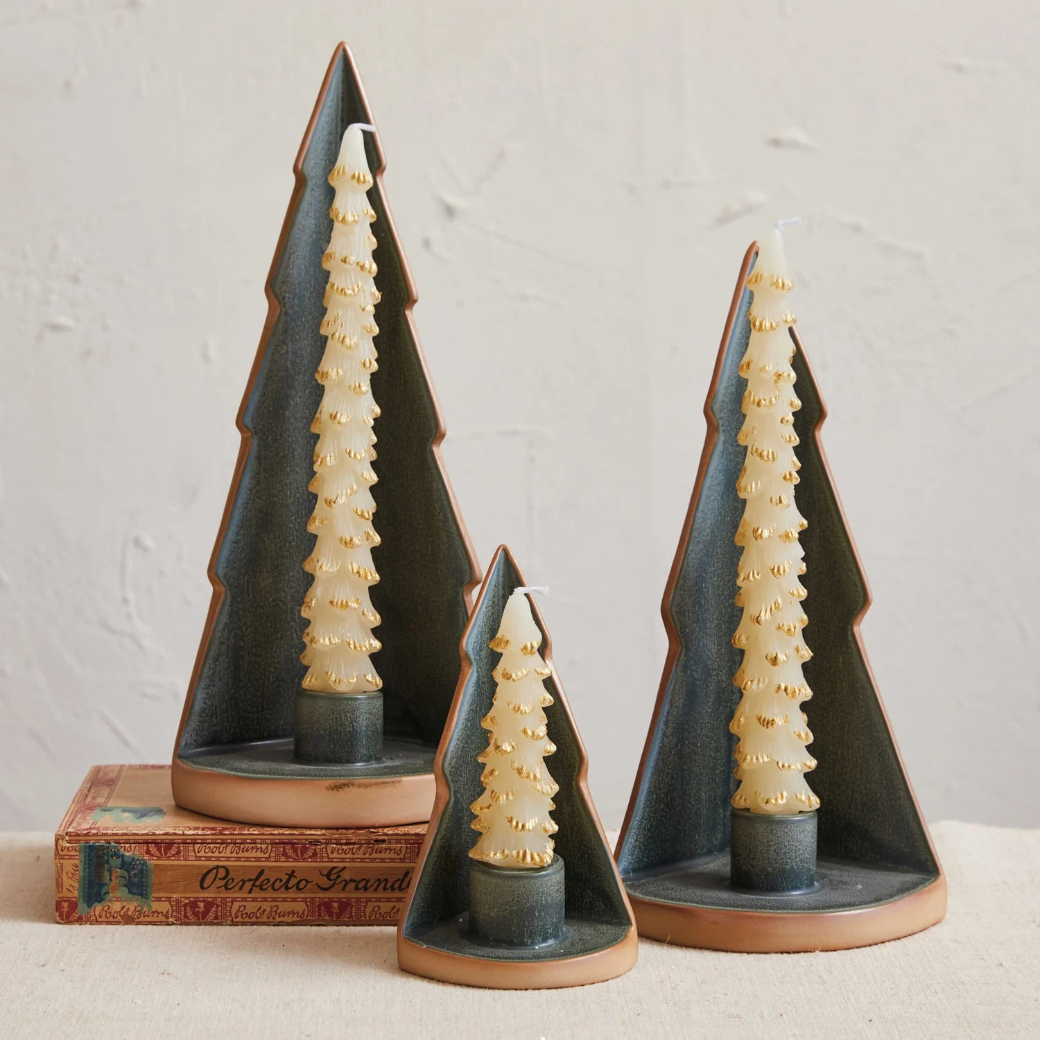 Stoneware Tree Taper Holder, Reactive Glaze, Green &amp; Unglazed