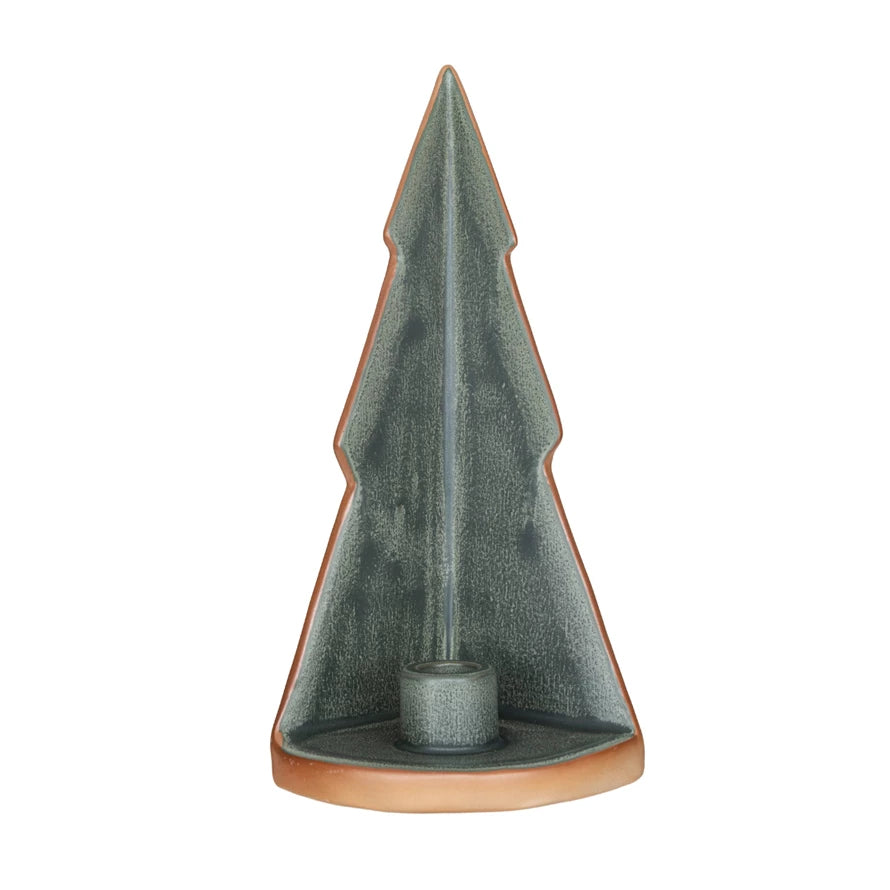 Stoneware Tree Taper Holder, Reactive Glaze, Green &amp; Unglazed