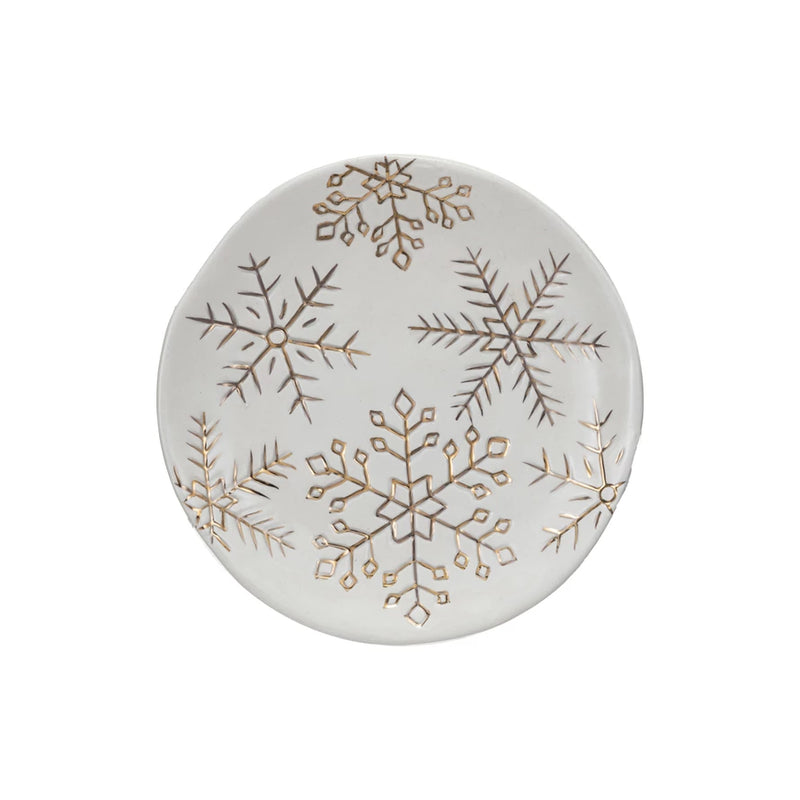 Stoneware Plate w/Gold Electroplated Snowflakes