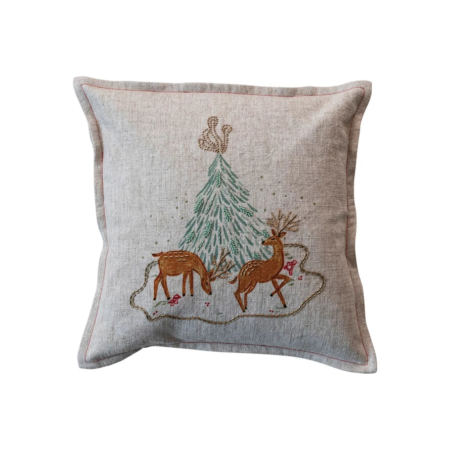 18" Square Linen Blend Pillow w/Christmas Tree and Deer