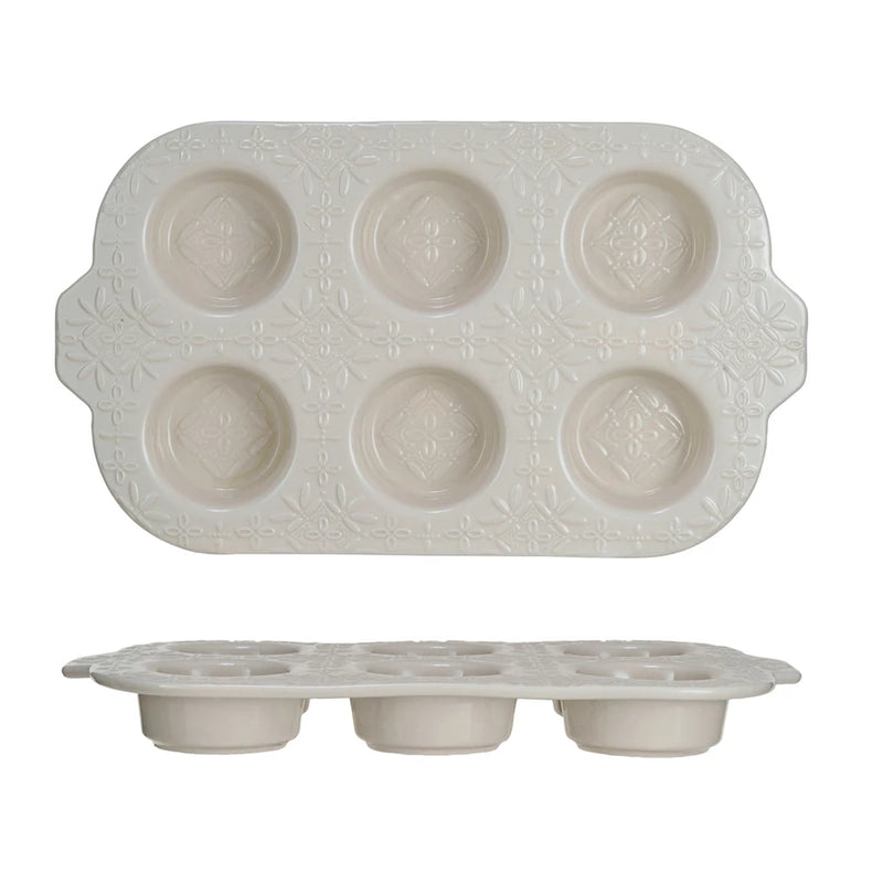 Embossed Stoneware Muffin Pan w/ Pattern, Cream Color