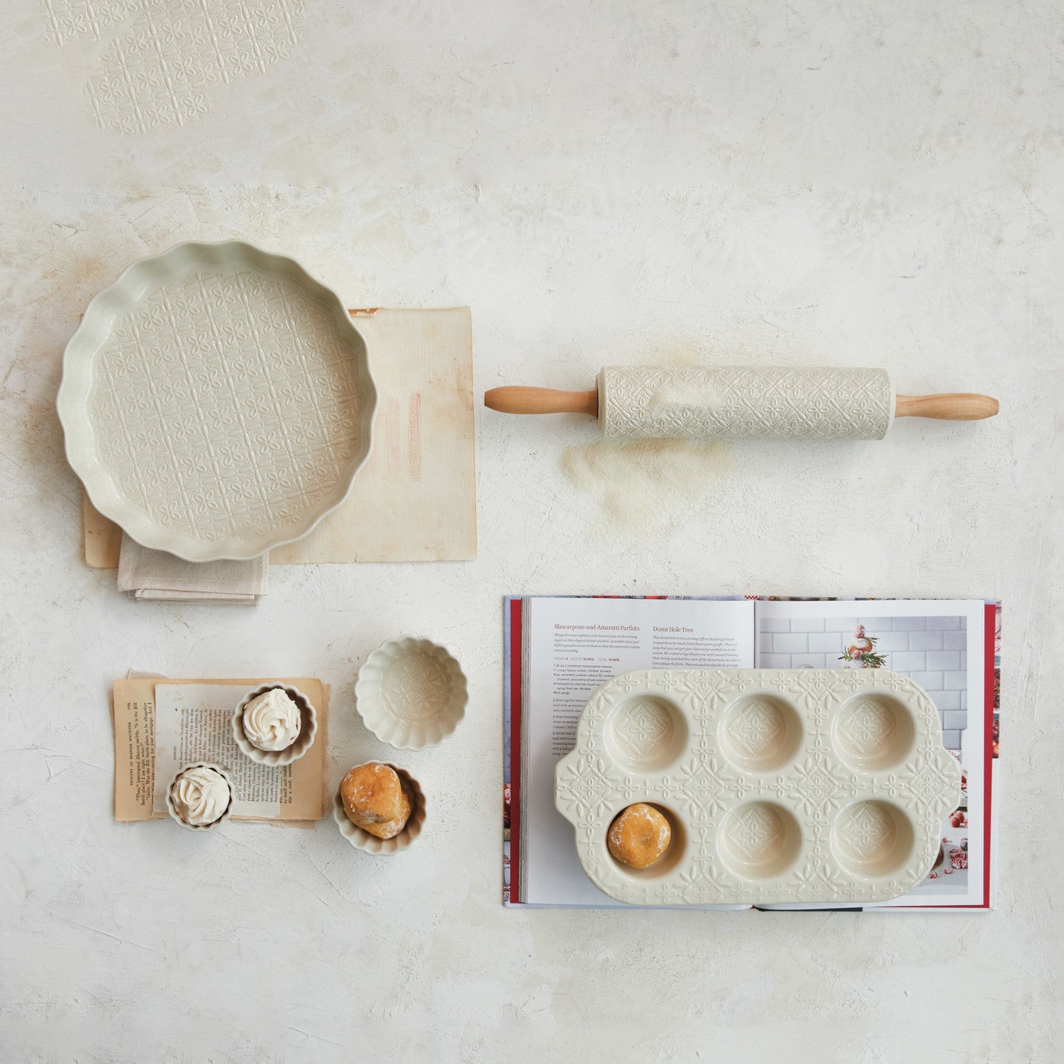 Embossed Stoneware Rolling Pin w/ Pattern &amp; Wood Handles, Cream Color &amp; Natural