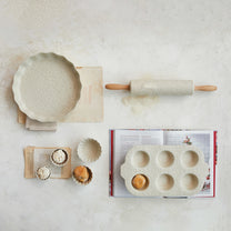 Embossed Stoneware Rolling Pin w/ Pattern &amp; Wood Handles, Cream Color &amp; Natural