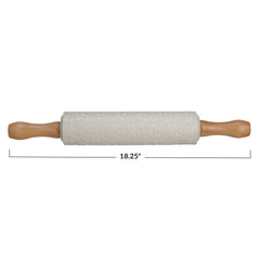 Embossed Stoneware Rolling Pin w/ Pattern & Wood Handles, Cream Color & Natural