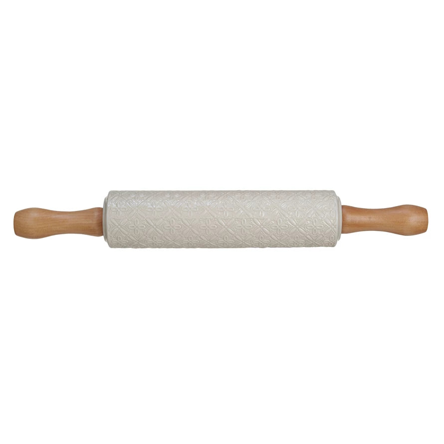 Embossed Stoneware Rolling Pin w/ Pattern &amp; Wood Handles, Cream Color &amp; Natural