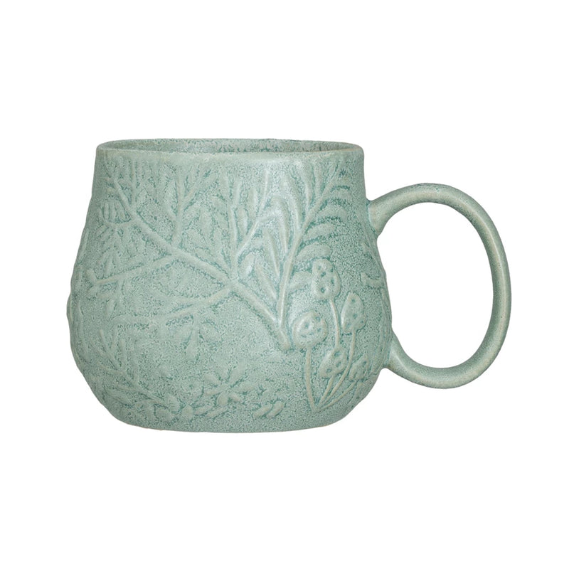 Embossed Stoneware Mug w/ Botanicals, Reactive Glaze