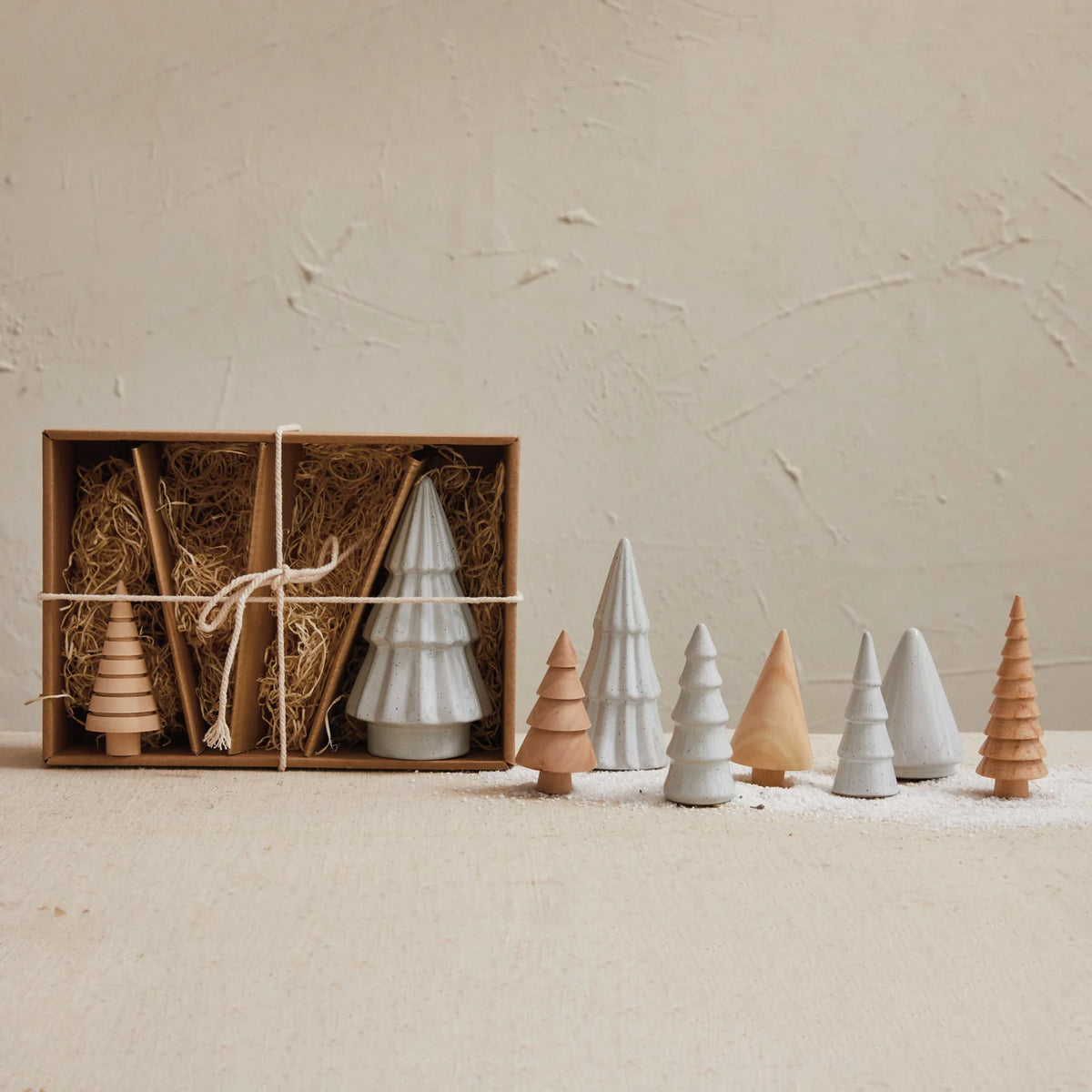 Stoneware &amp; Wood Christmas Trees, White &amp; Natural, Boxed Set of 9