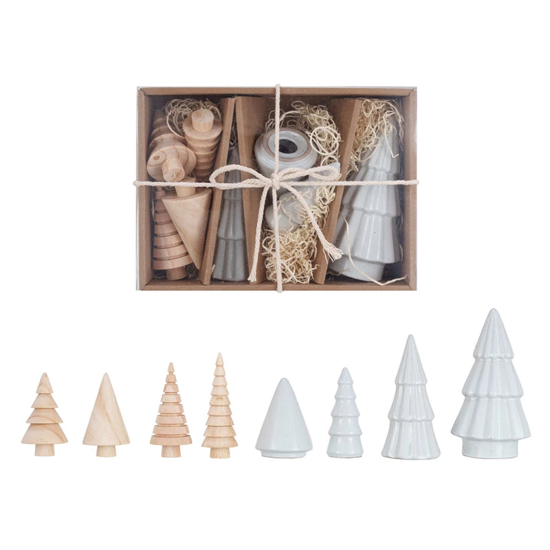 Stoneware & Wood Christmas Trees, White & Natural, Boxed Set of 9