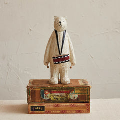 Resin Bear w/ Drum, Wood Finish, Cream Color, Black & Red