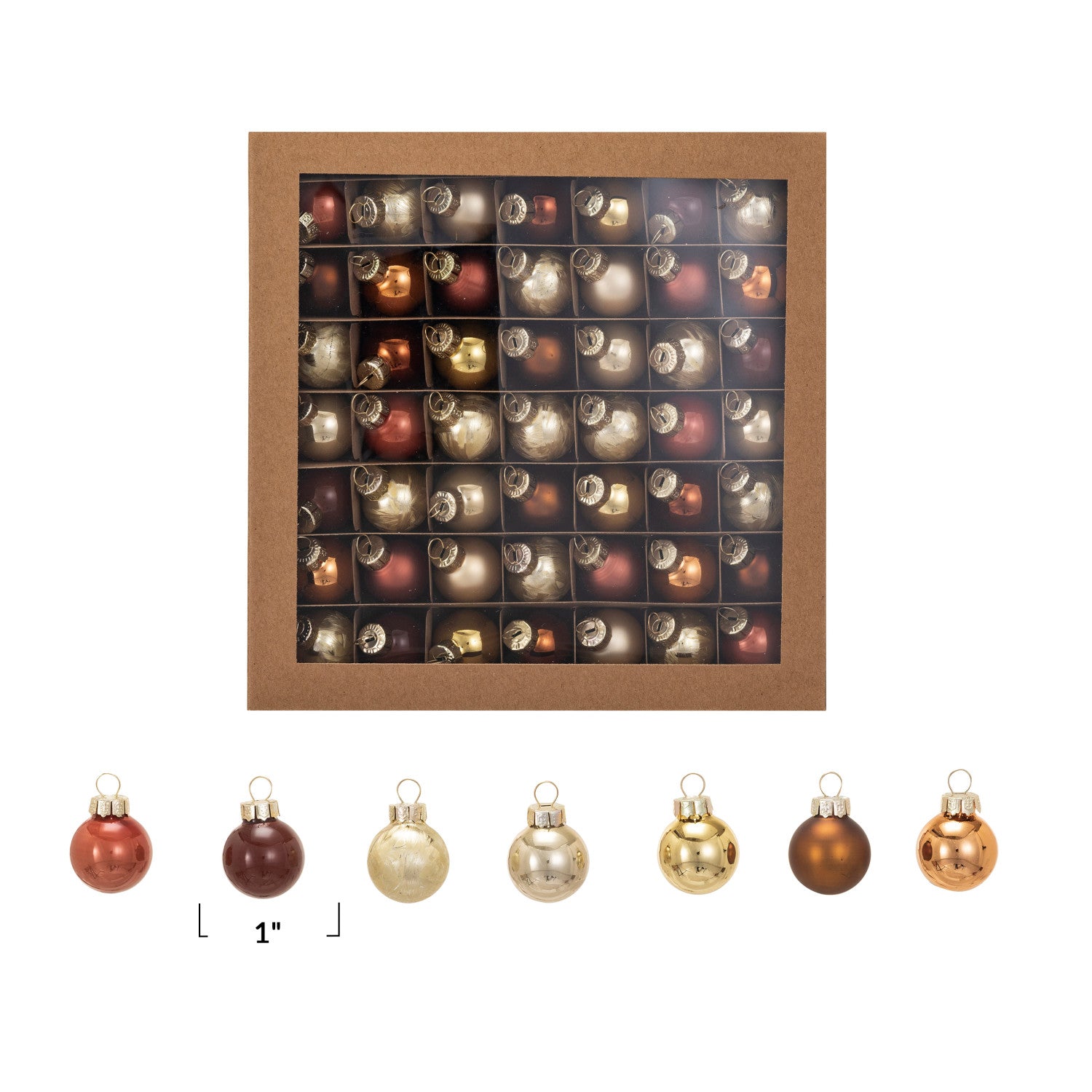 Glass Ball Ornaments, Brown &amp; Gold Finish, Boxed Set of 49