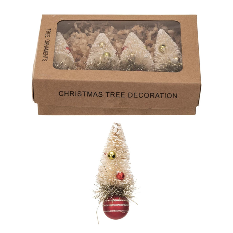 Sisal Bottle Brush Tree Ornaments w/ Glass Ball Base, Boxed Set of 4