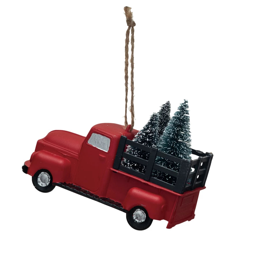 Plastic Truck w/ Sisal Trees Ornament, Red &amp; Green