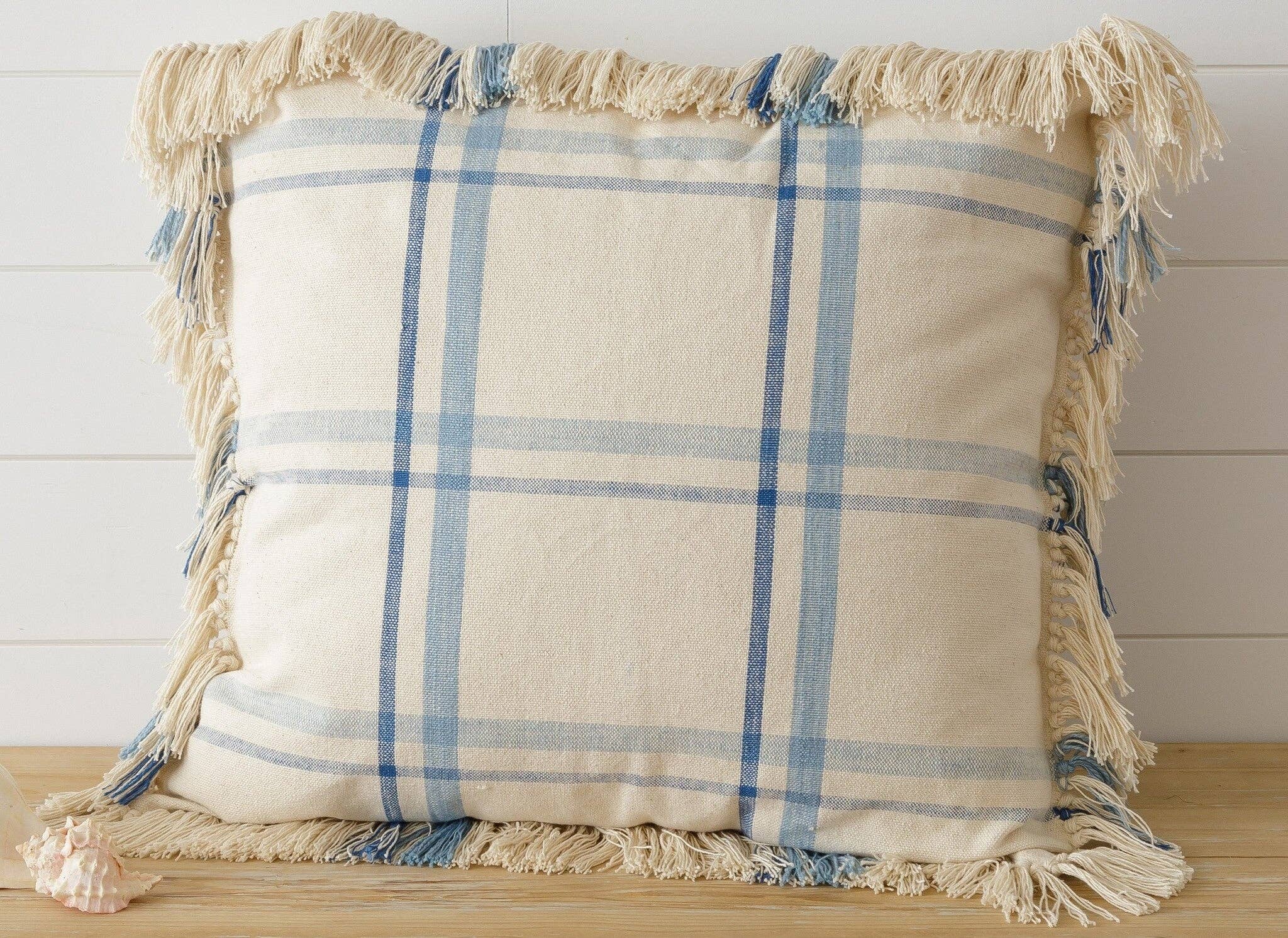 Blue Plaid with Fringe Pillow