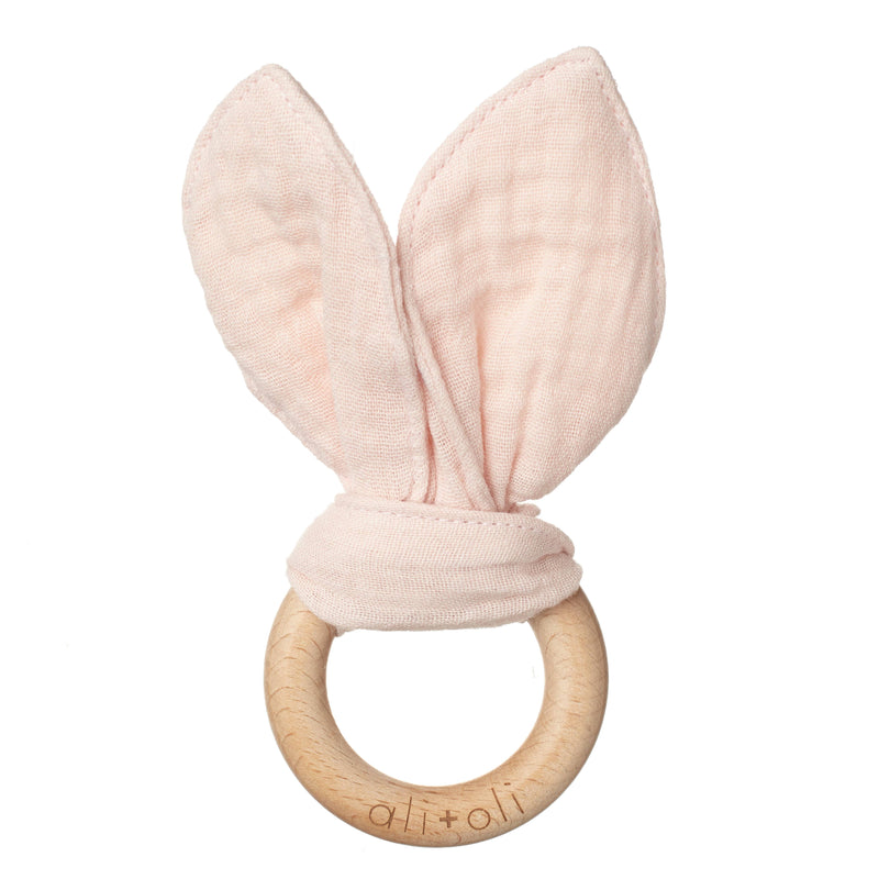 Crinkle Bunny Ears Wooden Ring Teething Toy for Baby