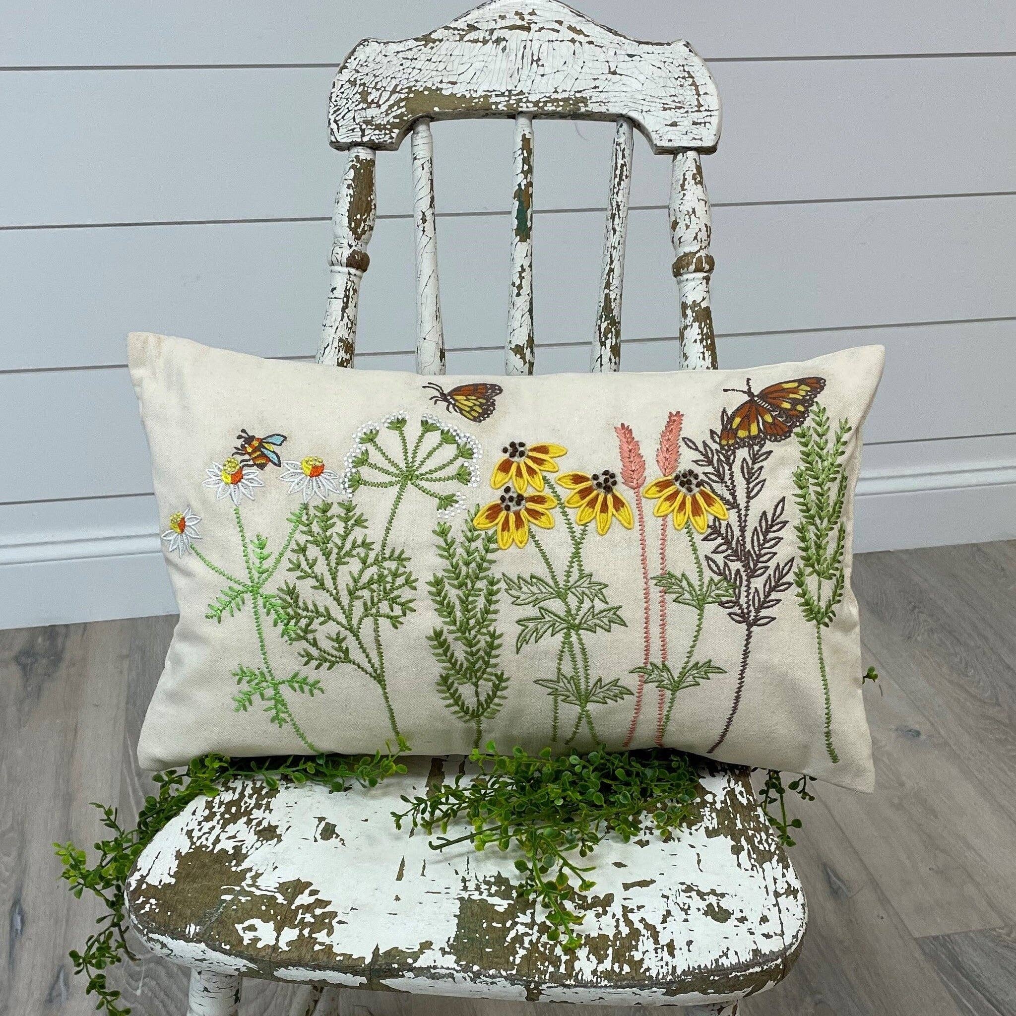 Embroidered Wild Flowers Pillow