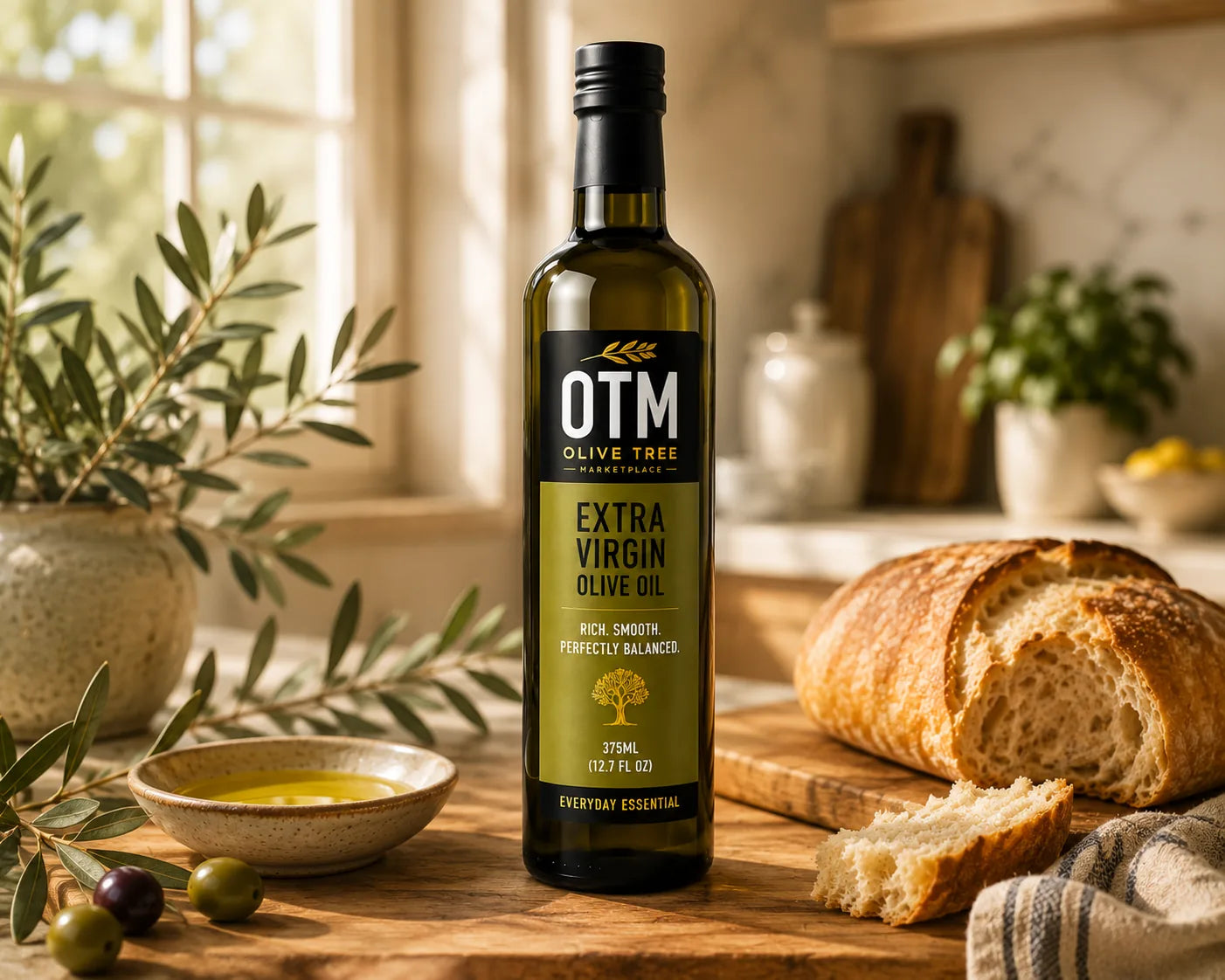 Warm Olive Tree Marketplace table setting with olive oil and bread
